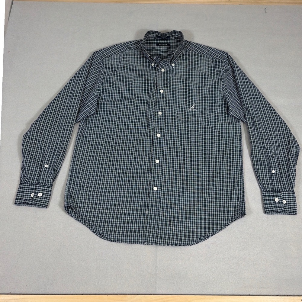 Nautica Mens Medium Navy Green Plaid Cotton Button Down Long Sleeve Shirt